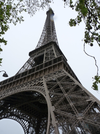 Looking up from the base of the Eiffel Tower