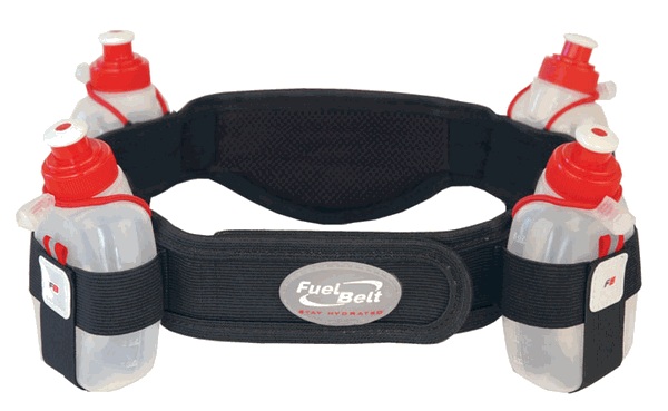 Black elastic belt with elastic holders containing four white bottles with red and white squirt tops